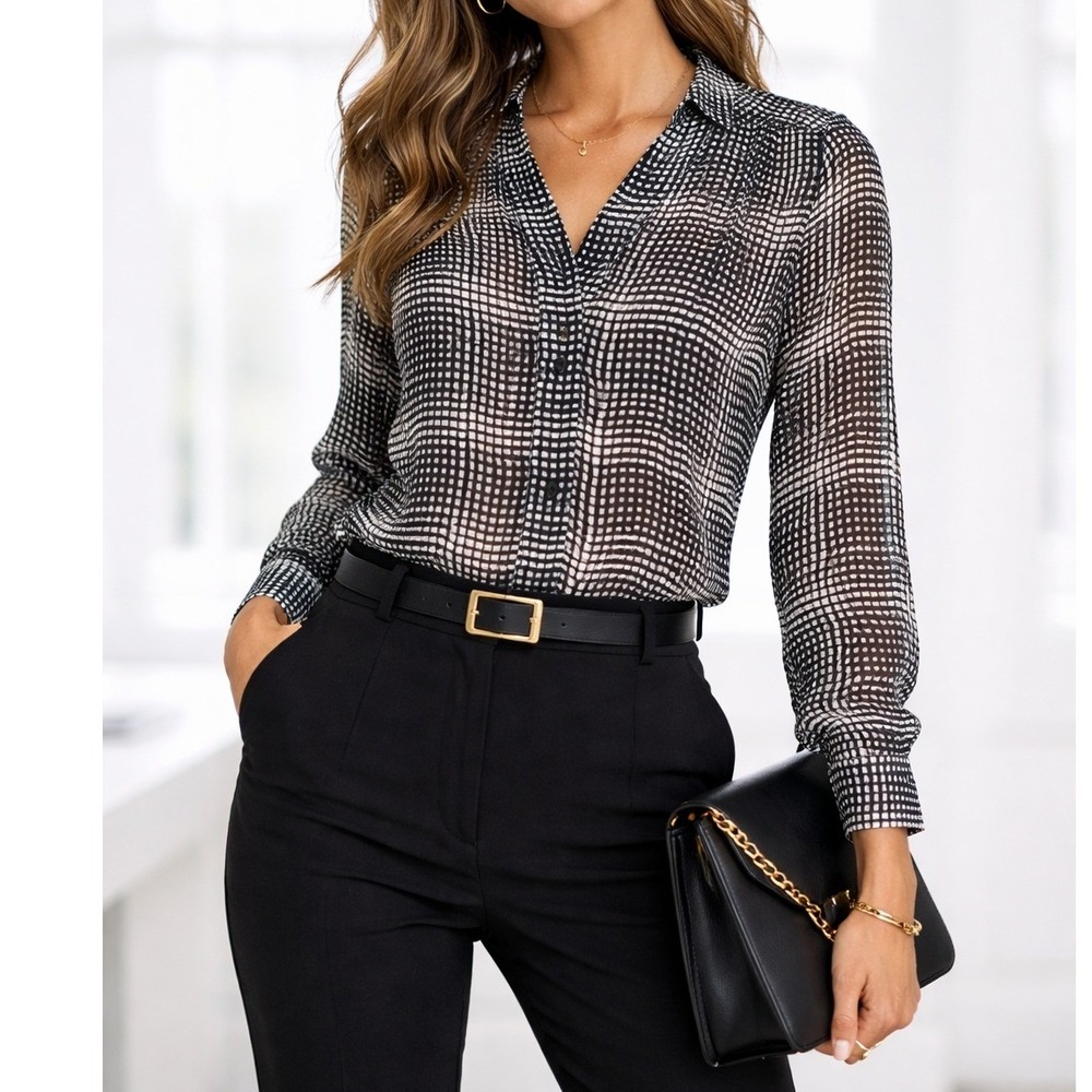 DVF Diane von Furstenberg Harlow 100% Silk Blouse Women's 2 Sheer Plaid Designer